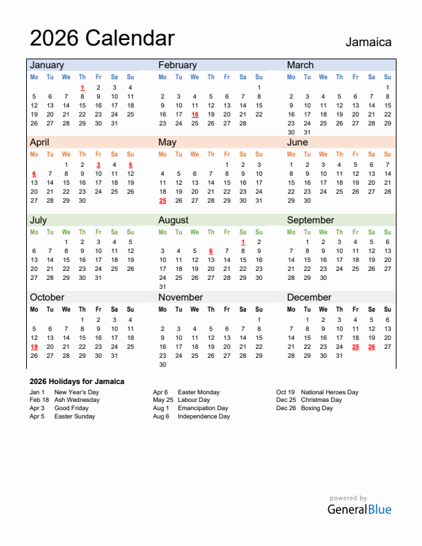 Calendar 2026 with Jamaica Holidays