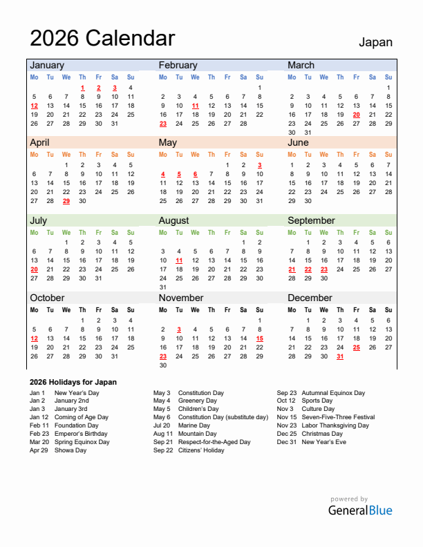 Calendar 2026 with Japan Holidays