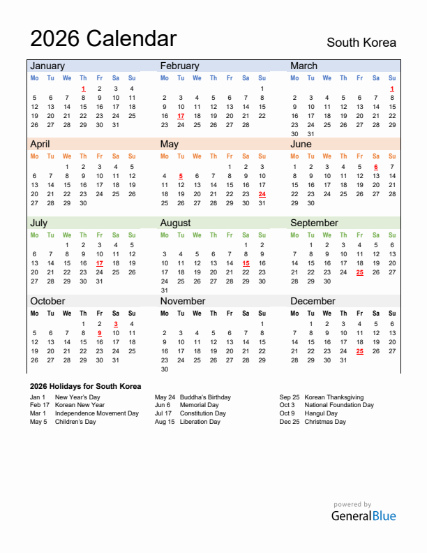 Calendar 2026 with South Korea Holidays