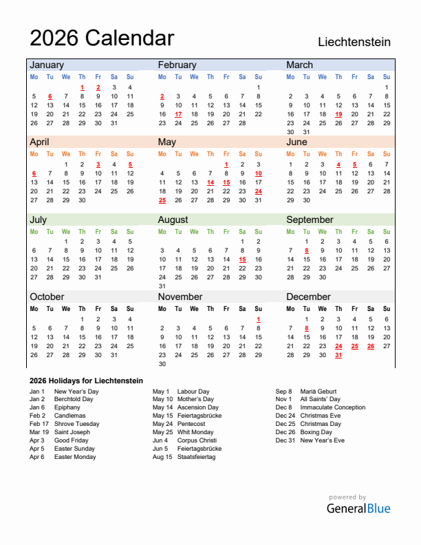 Calendar 2026 with Liechtenstein Holidays