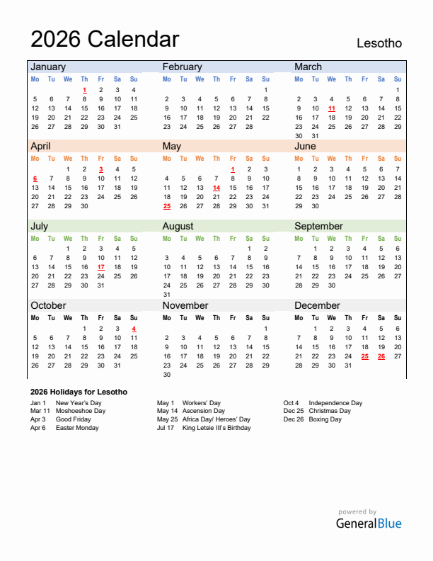 Calendar 2026 with Lesotho Holidays