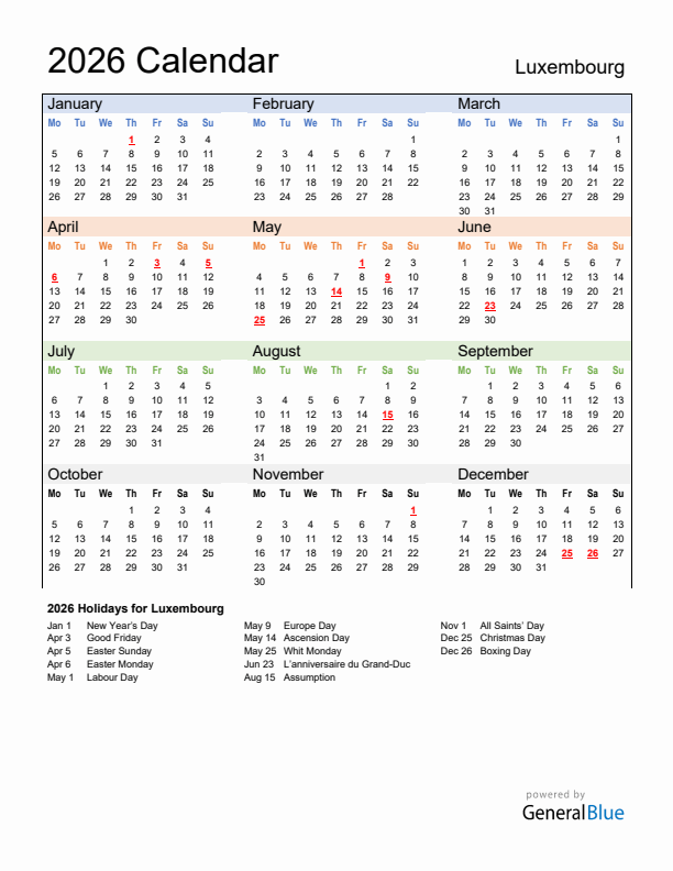 Calendar 2026 with Luxembourg Holidays