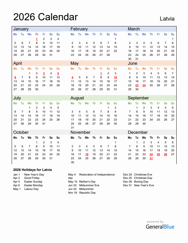 Calendar 2026 with Latvia Holidays