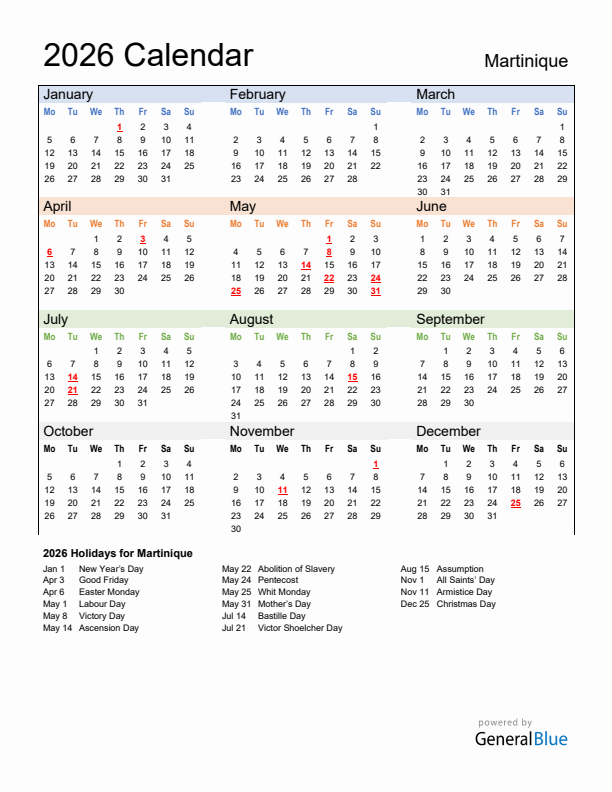 Calendar 2026 with Martinique Holidays