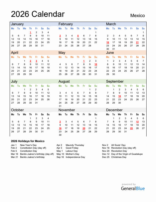 Calendar 2026 with Mexico Holidays