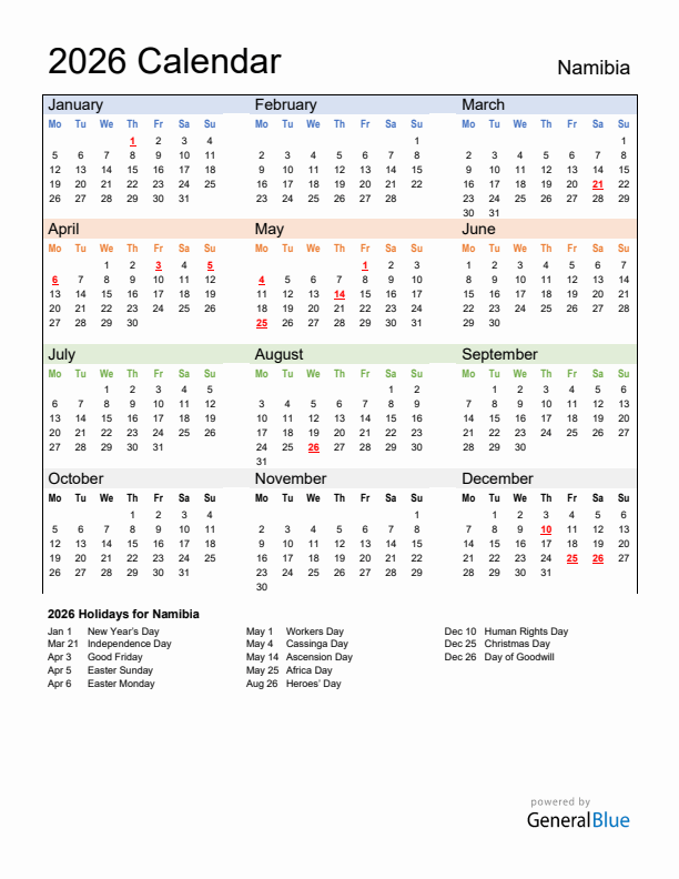 Calendar 2026 with Namibia Holidays