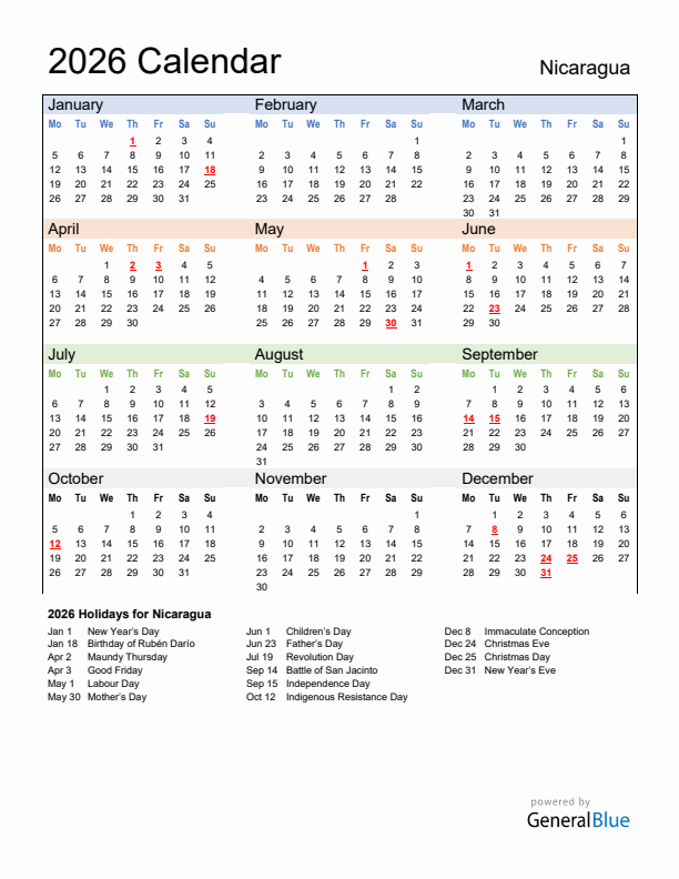 Calendar 2026 with Nicaragua Holidays