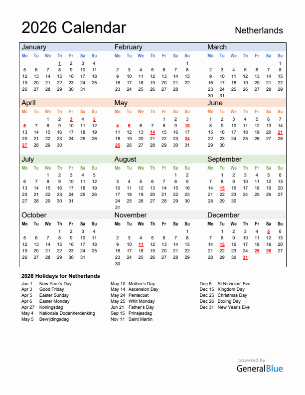 Calendar 2026 with The Netherlands Holidays