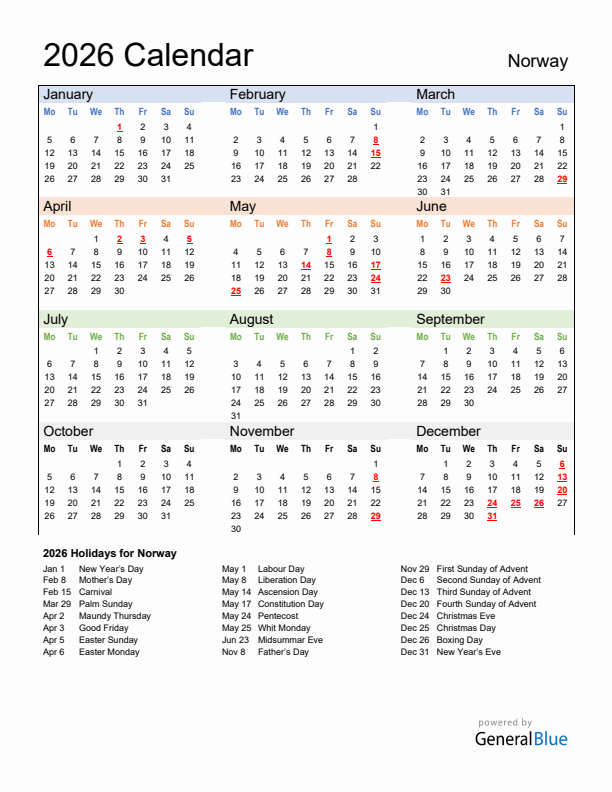Calendar 2026 with Norway Holidays