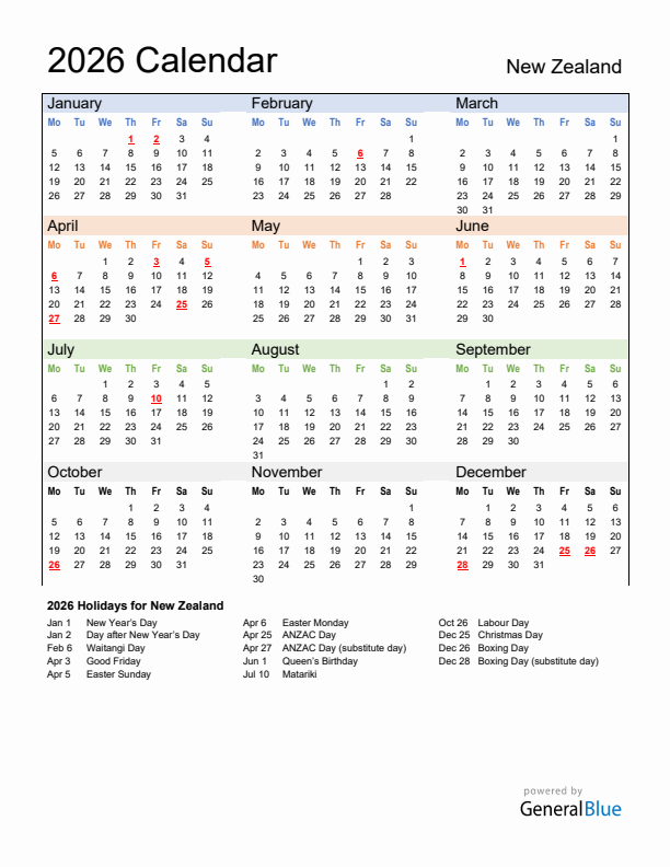 Calendar 2026 with New Zealand Holidays