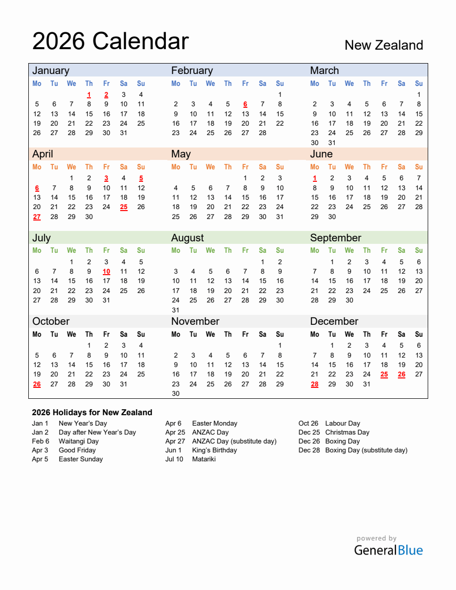 Annual Calendar 2026 with New Zealand Holidays