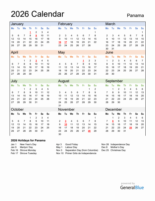 Calendar 2026 with Panama Holidays