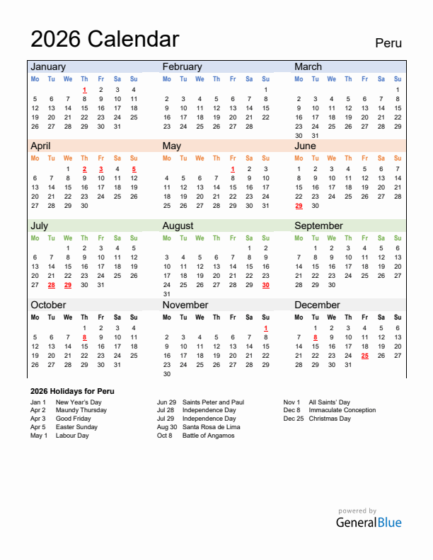 Calendar 2026 with Peru Holidays