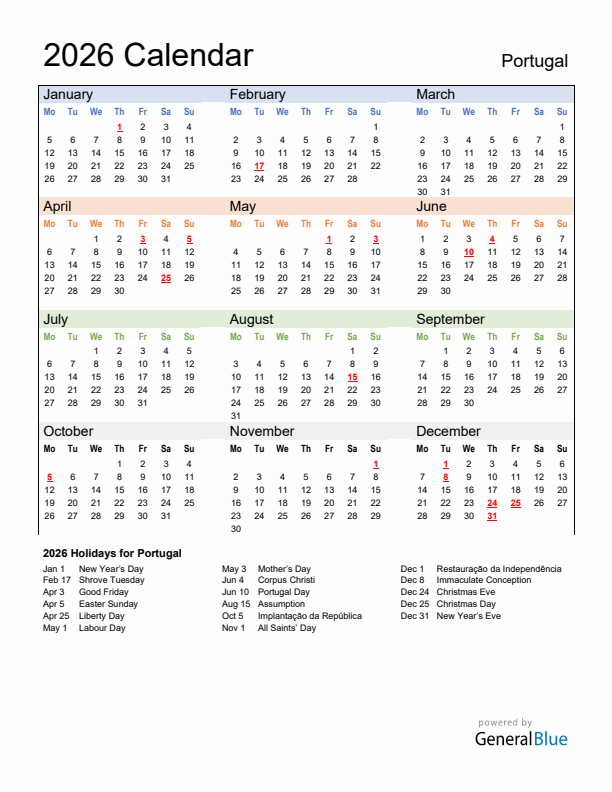 Calendar 2026 with Portugal Holidays