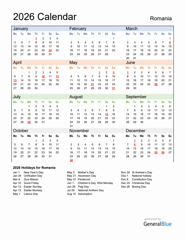 Calendar 2026 with Romania Holidays