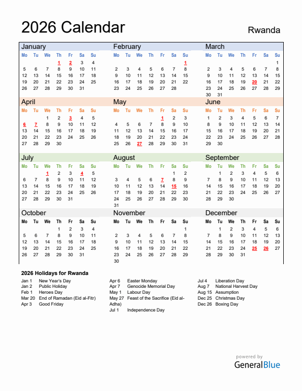Calendar 2026 with Rwanda Holidays