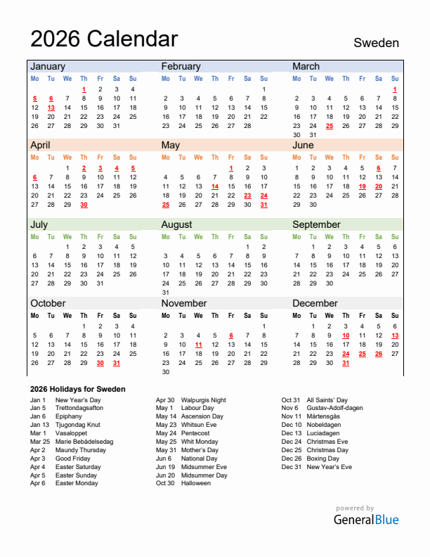 Calendar 2026 with Sweden Holidays