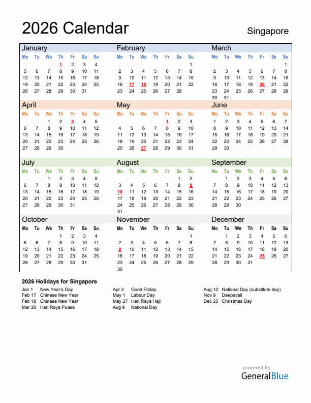 Calendar 2026 with Singapore Holidays