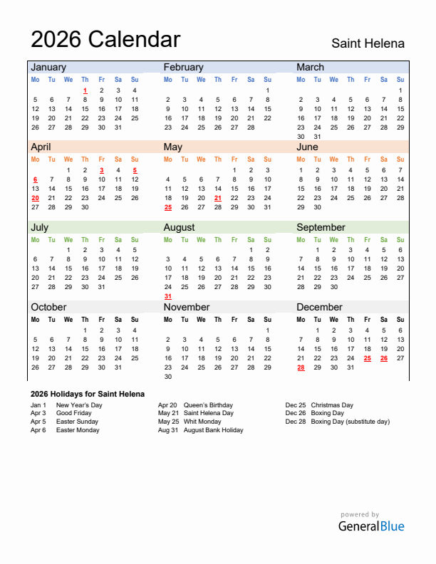 Calendar 2026 with Saint Helena Holidays
