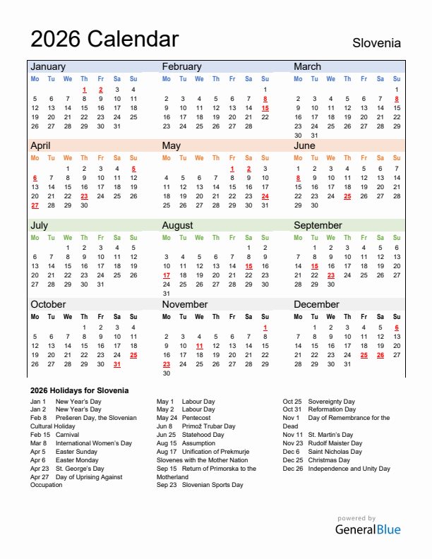 Calendar 2026 with Slovenia Holidays