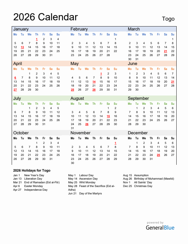 Calendar 2026 with Togo Holidays