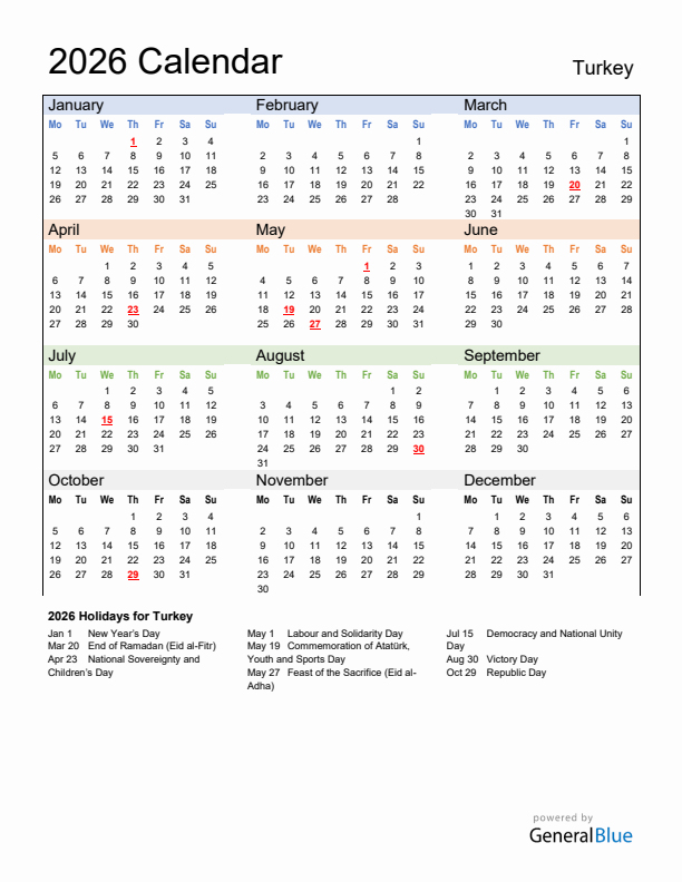 Calendar 2026 with Turkey Holidays