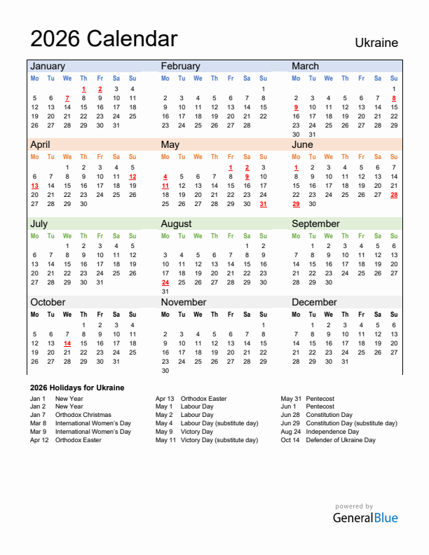 Calendar 2026 with Ukraine Holidays