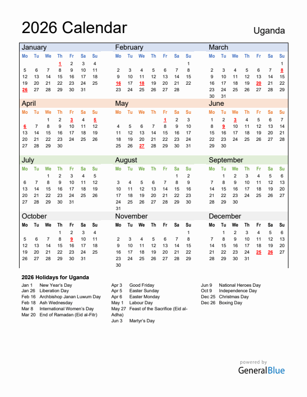 Calendar 2026 with Uganda Holidays