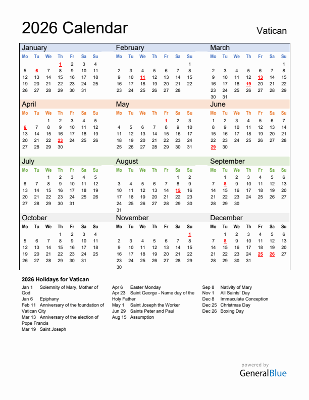 Calendar 2026 with Vatican Holidays