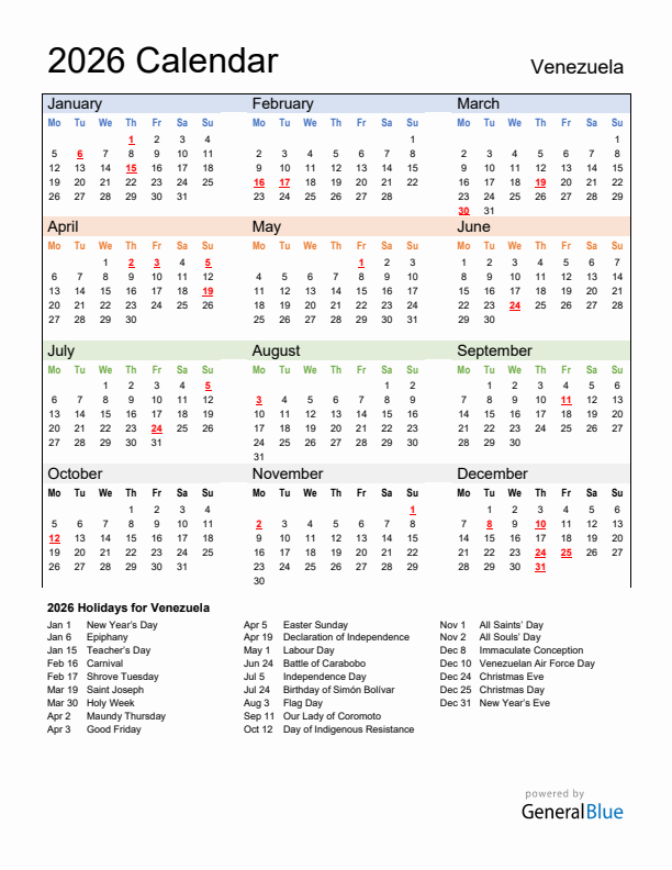 Calendar 2026 with Venezuela Holidays