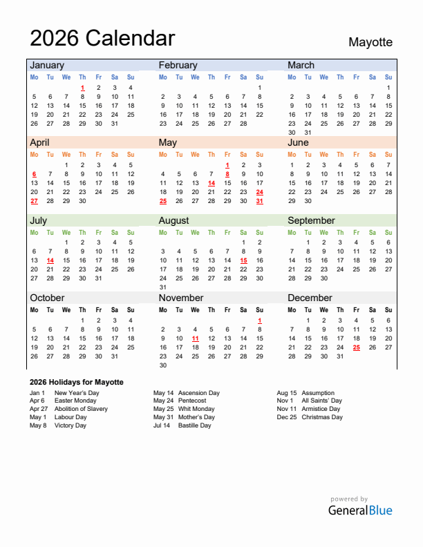 Calendar 2026 with Mayotte Holidays