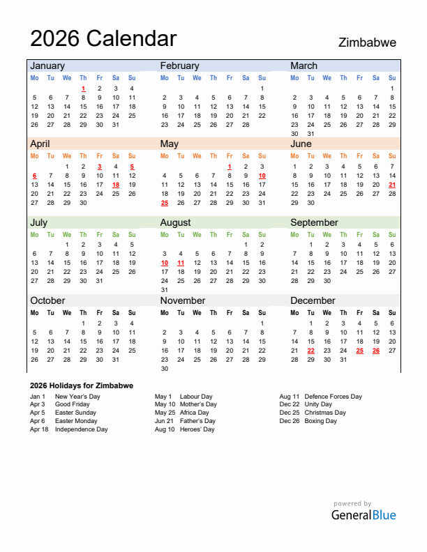 Calendar 2026 with Zimbabwe Holidays