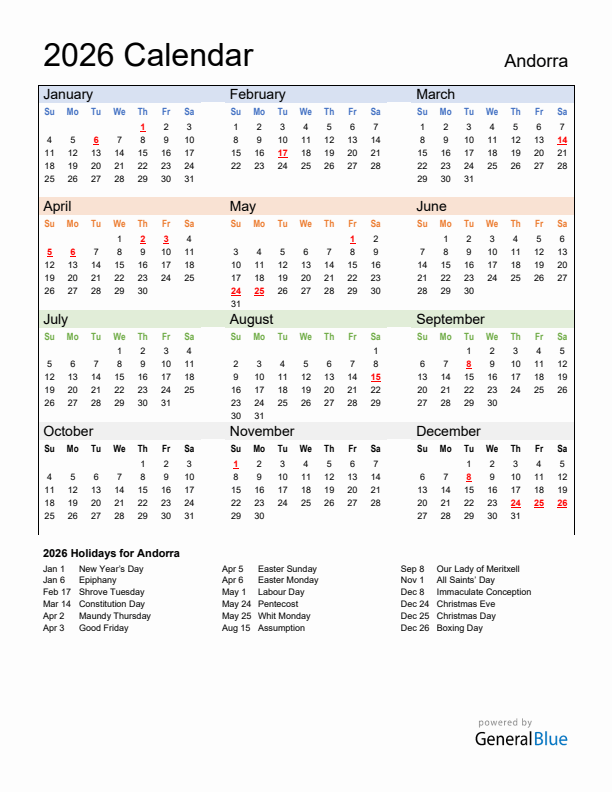 Calendar 2026 with Andorra Holidays