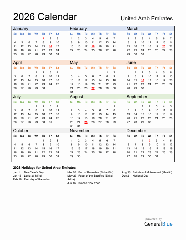Calendar 2026 with United Arab Emirates Holidays