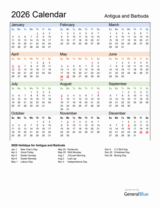 Calendar 2026 with Antigua and Barbuda Holidays