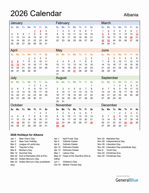 Calendar 2026 with Albania Holidays