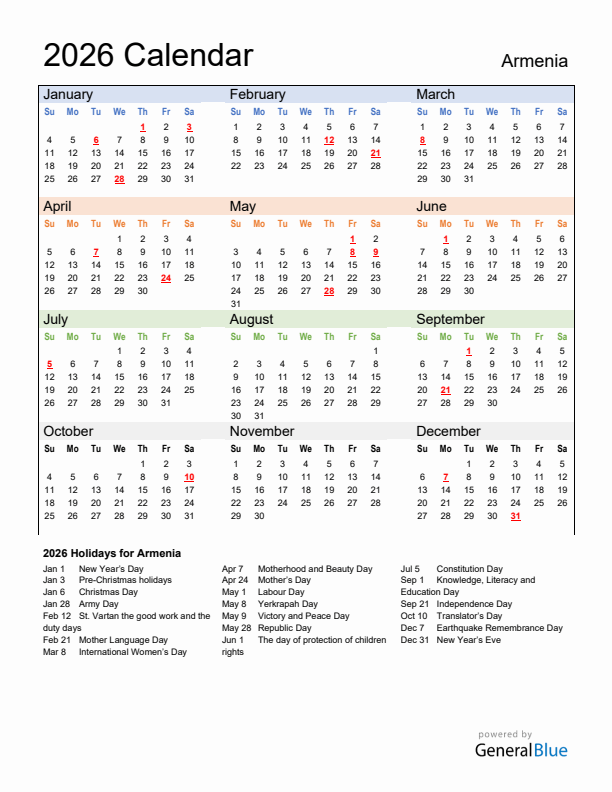 Calendar 2026 with Armenia Holidays