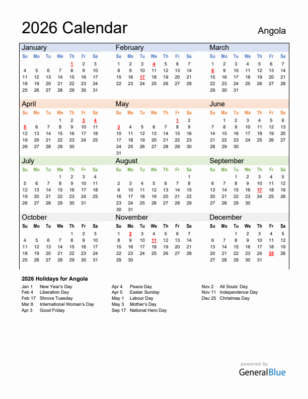 Calendar 2026 with Angola Holidays