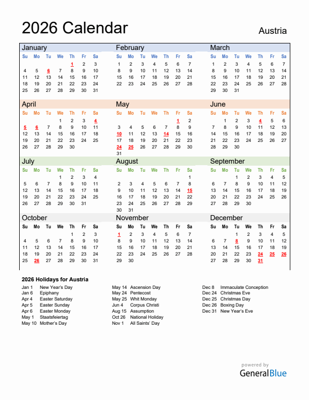 Calendar 2026 with Austria Holidays