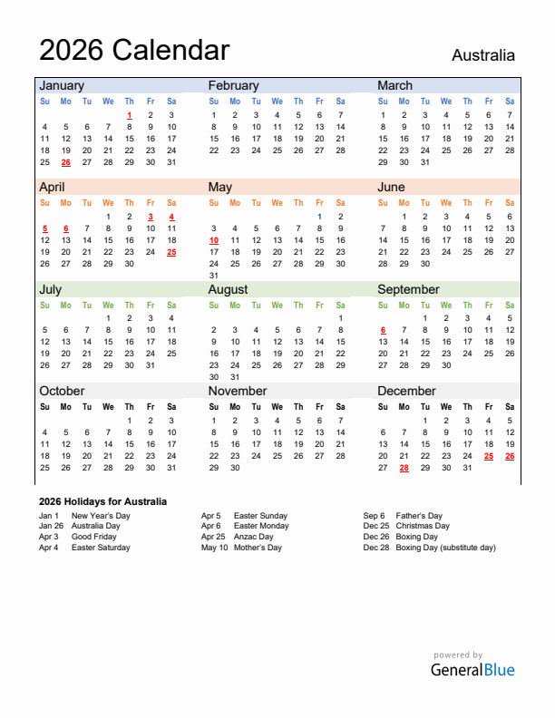 Calendar 2026 with Australia Holidays