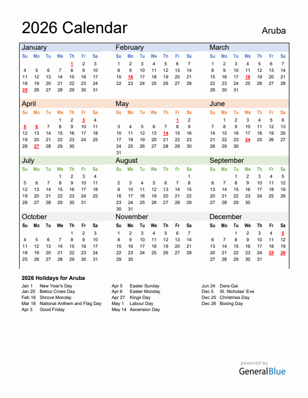 Calendar 2026 with Aruba Holidays