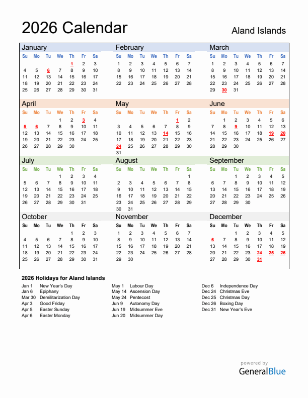 Calendar 2026 with Aland Islands Holidays