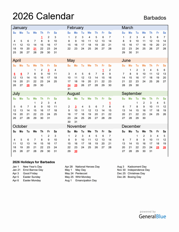 Calendar 2026 with Barbados Holidays