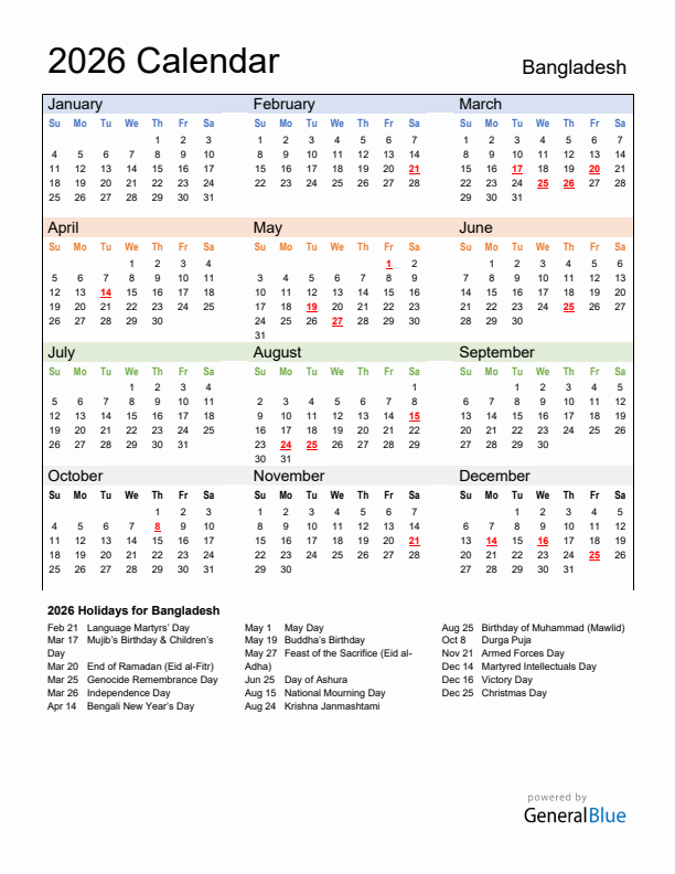 Calendar 2026 with Bangladesh Holidays