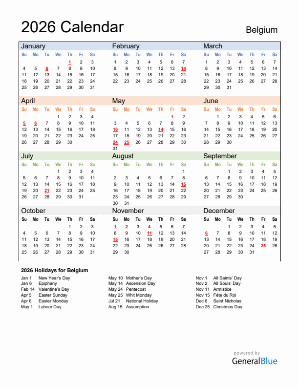 Calendar 2026 with Belgium Holidays