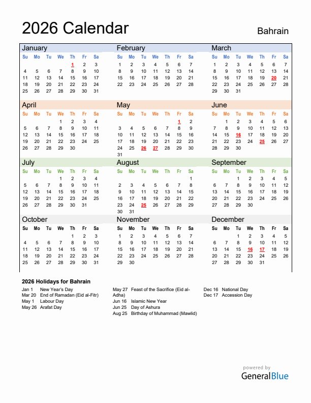 Calendar 2026 with Bahrain Holidays