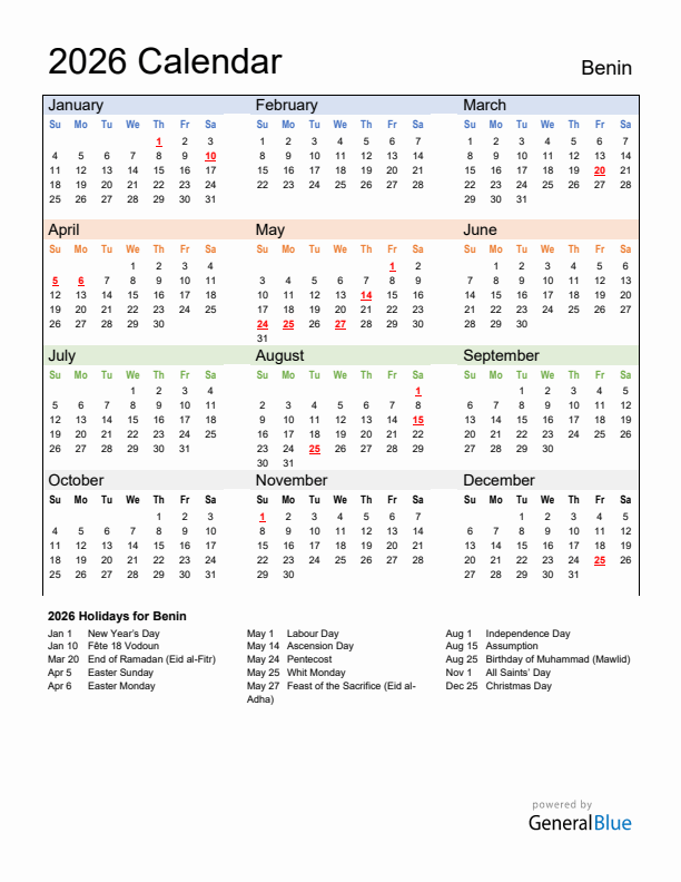 Calendar 2026 with Benin Holidays