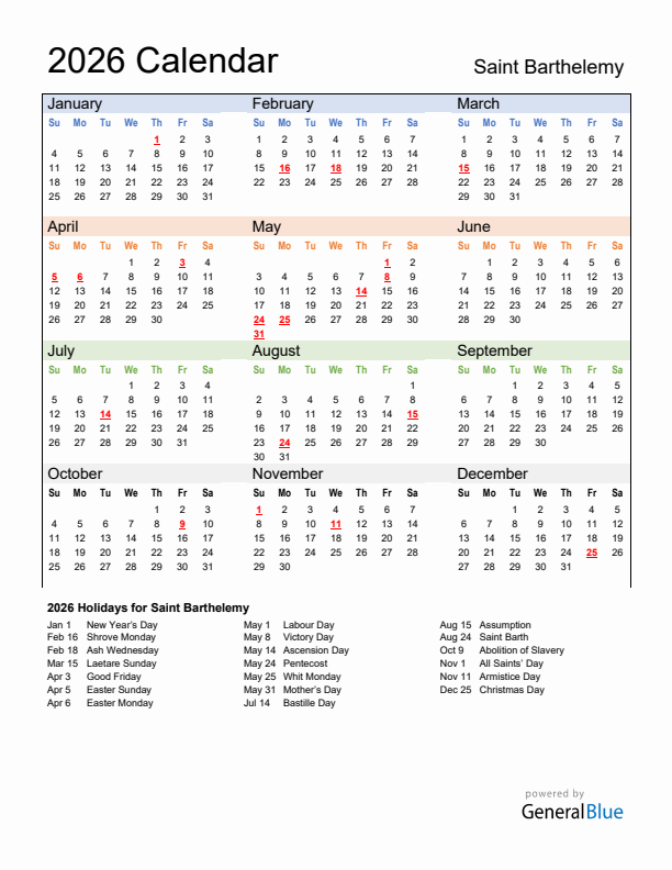 Calendar 2026 with Saint Barthelemy Holidays