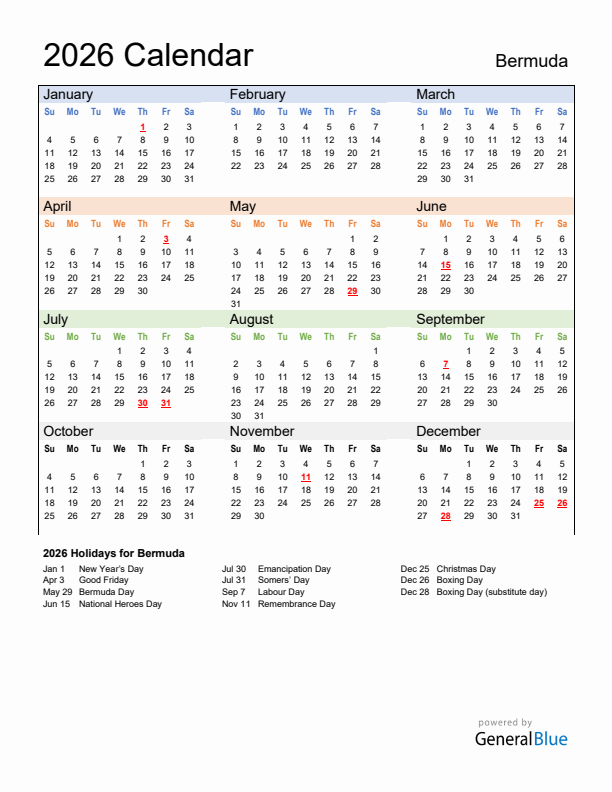 Calendar 2026 with Bermuda Holidays