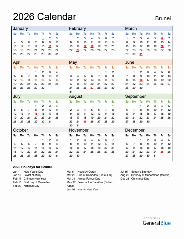 Calendar 2026 with Brunei Holidays
